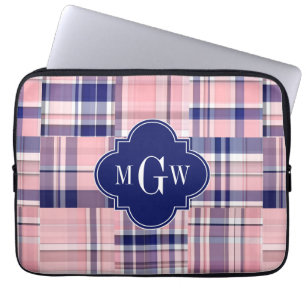 Rosa, Navy Blue Preppy Patchwork Madras Monogram Laptopschutzhülle