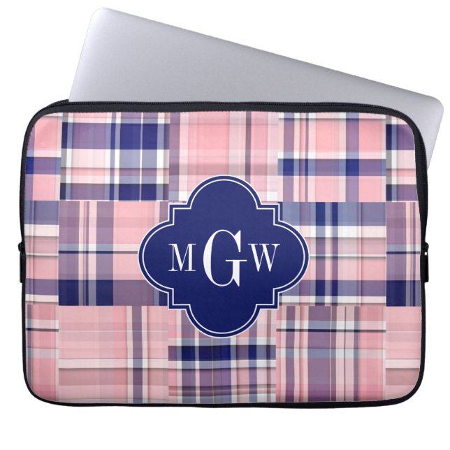 Rosa, Navy Blue Preppy Patchwork Madras Monogram Laptopschutzhülle (Vorderseite)