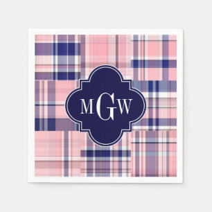 Rosa, Navy Blue Preppy Patchwork Madras Monogram Serviette