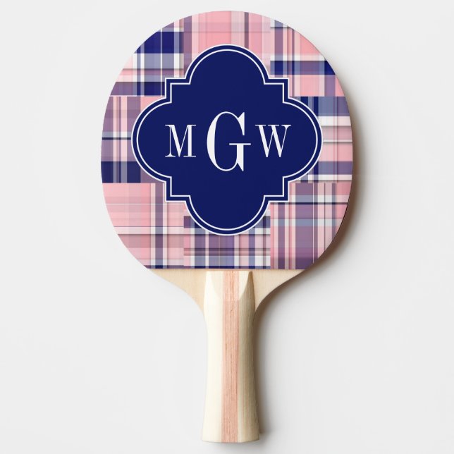 Rosa, Navy Blue Preppy Patchwork Madras Monogram Tischtennis Schläger (Vorderseite)