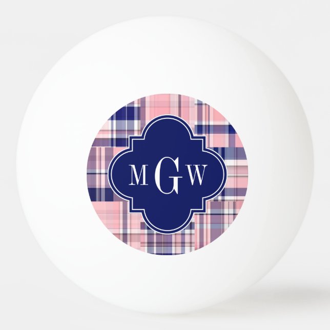 Rosa, Navy Blue Preppy Patchwork Madras Monogram Tischtennisball (Vorderseite)