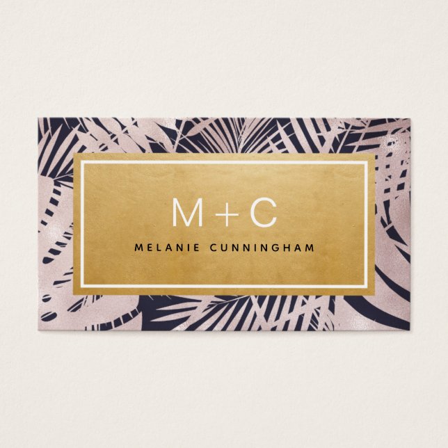 Rosa Navy Blue Tropical Monogram Business Cards (Vorderseite)