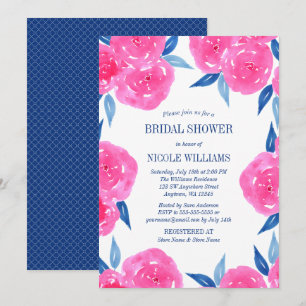 Rosa Navy Blue Watercolor Blume Brautparty Einladung