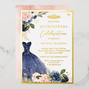 Rosa Navy Blumen-Tiara-Kleid Quinceanera Folieneinladung