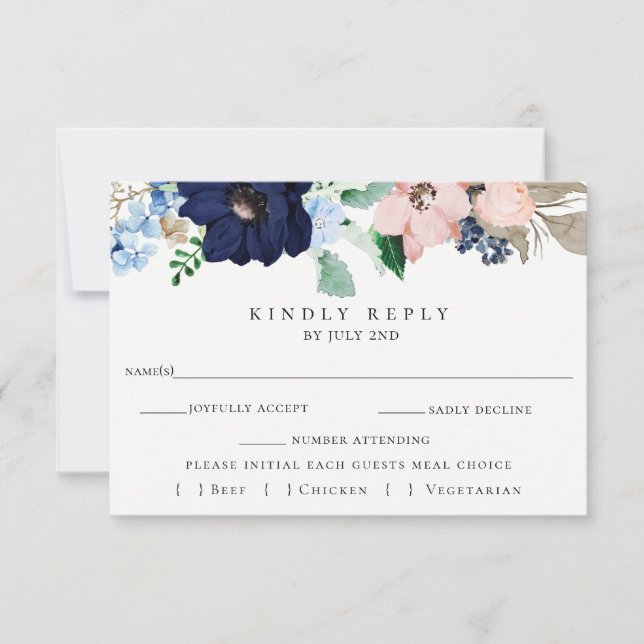 Rosa + Navy Floral Wedding RSVP Meal Choice Card (Vorderseite)