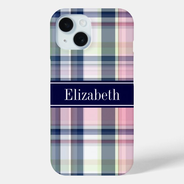 Rosa Navy Green White Preppy Madras N Monogram Case-Mate iPhone Hülle (Rückseite)