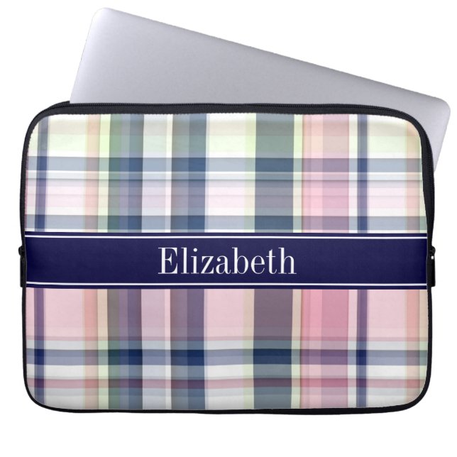 Rosa Navy Green White Preppy Madras N Monogram Laptopschutzhülle (Vorderseite)