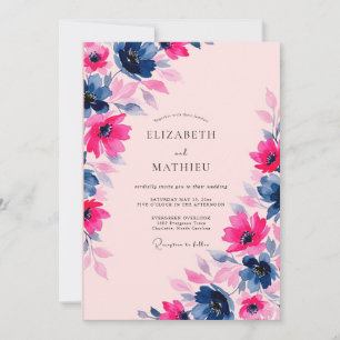 Rosa Navy Malerische Botanische Hochzeit Einladung