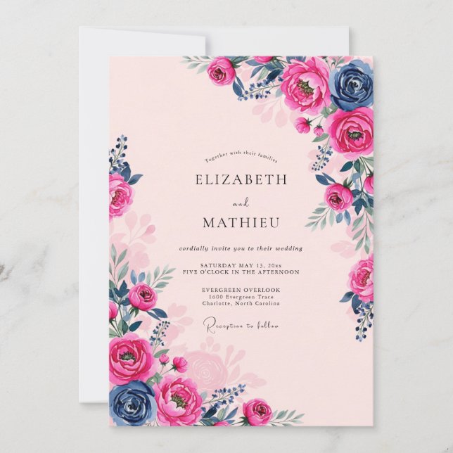 Rosa-Navy-Opulente Romantische Hochzeit Einladung (Vorderseite)