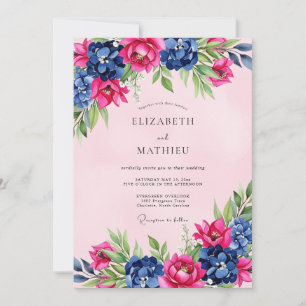 Rosa Navy Prachtvolle Blumige Hochzeit Einladung