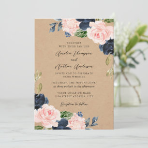 Rosa-Navy-Rustikale-Botanische-Blumen-Hochzeit Einladung