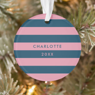 Rosa Navy Strip   Moderner Trendname Preppy Name Ornament