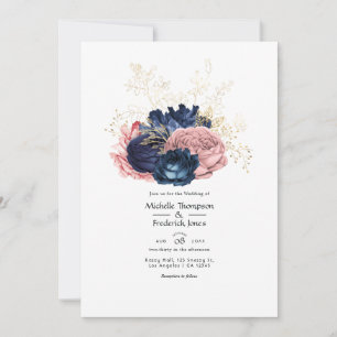 Rosa, Navy- und Gold-Blumenhochzeit Einladung