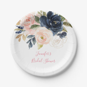 Rosa Navy Watercolor Floral Brautparty Pappteller