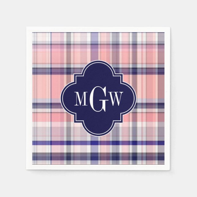 Rosa Navy Weiße Preppy Madras Quatrefolie Monogram Serviette (Vorderseite)