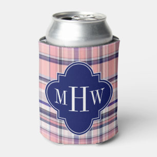 Rosa Navy Weiße Preppy Madras Quatrefolienmonogram Dosenkühler