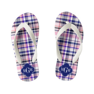 Rosa Navy Weiße Preppy Madras Quatrefolienmonogram Kinderbadesandalen