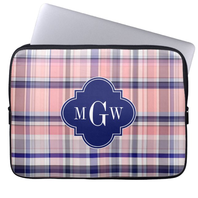 Rosa Navy Weiße Preppy Madras Quatrefolienmonogram Laptopschutzhülle (Vorderseite)