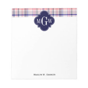 Rosa Navy Weiße Preppy Madras Quatrefolienmonogram Notizblock