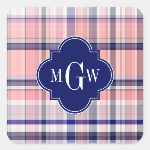 Rosa Navy Weiße Preppy Madras Quatrefolienmonogram Quadratischer Aufkleber