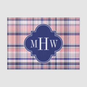 Rosa Navy Weiße Preppy Madras Quatrefolienmonogram Seidenpapier