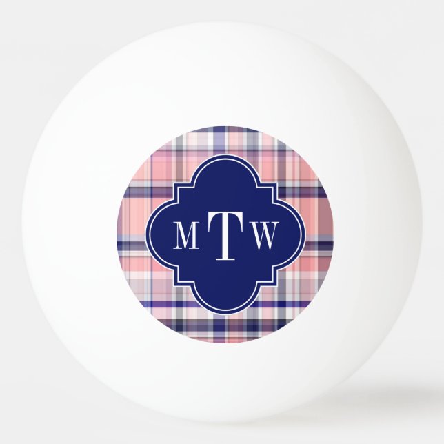 Rosa Navy Weiße Preppy Madras Quatrefolienmonogram Tischtennisball (Vorderseite)