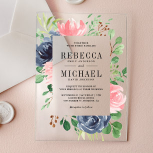 Rosa Navyblau Florale Hochzeit Acryleinladungen