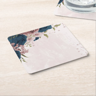 rosa navyblaue Blumen botanische Hochzeit Rechteckiger Pappuntersetzer