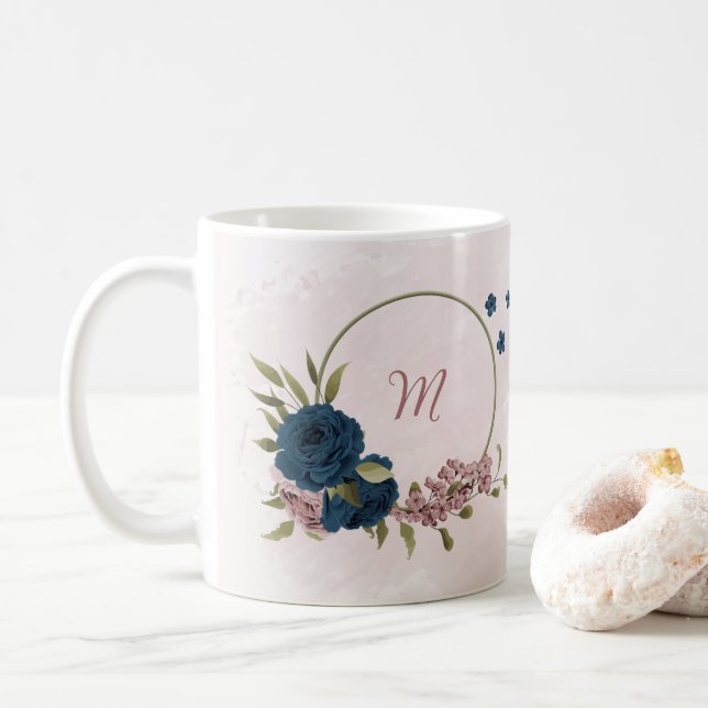 rosa navyblaue Blumen  Kaffeetasse (Mit Donut)