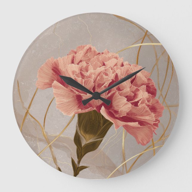 Rosa Nelken-Blumen-Gold Große Wanduhr (Vorderseite)