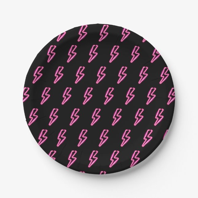 Rosa Neon-Blitzmuster Pappteller (Vorderseite)