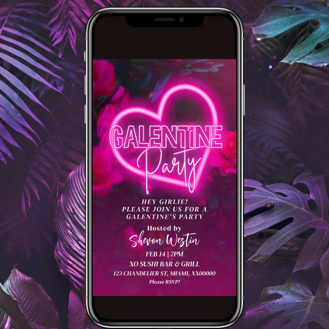 Rosa Neon Heart Galentine Party Einladung (Von Creator hochgeladen)