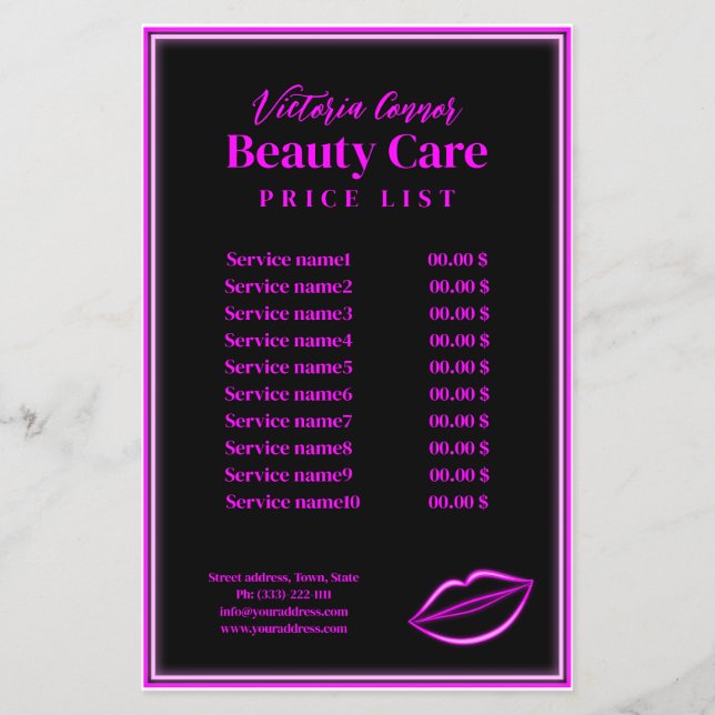 Rosa Neon Light Lips Preise Schwarzer Flyer (Vorne)