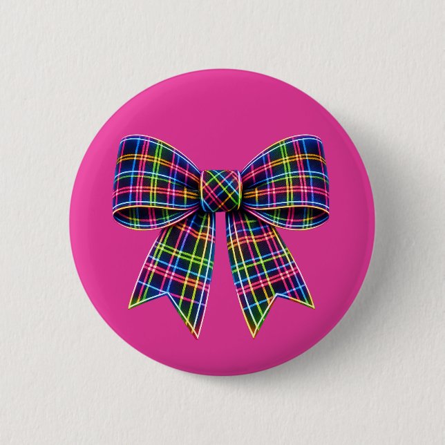 Rosa Neon-Schleife Tartan-Band Schottisch Süß Button (Vorderseite)