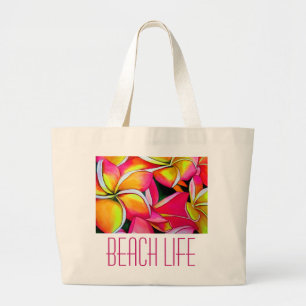 Rosa Neon Strandkunst Frangipani Plumeria Jumbo Stoffbeutel