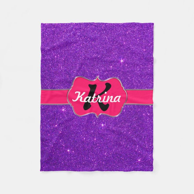 Rosa Neonmonogramm auf lila Glitzer Fleecedecke (Vorderseite)