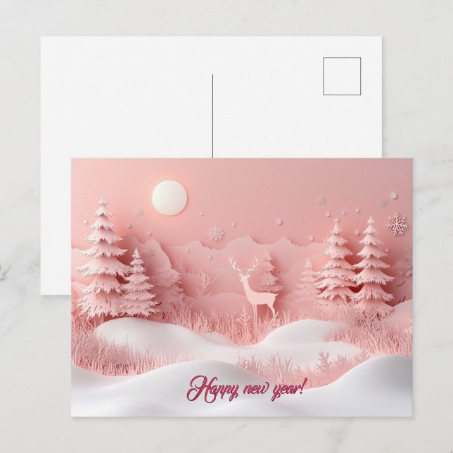 Rosa Neujahrsschneewald Postkarte (Vorne/Hinten)