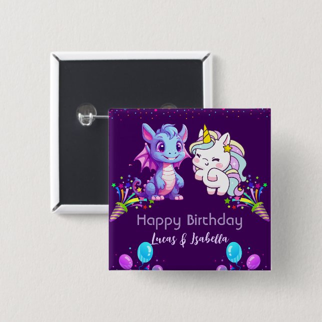 Rosa Niedliche Einhorndinosaurier Regenbogen Gebur Button (Vorne & Hinten)