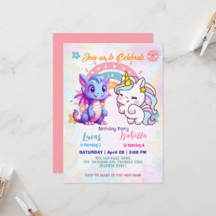 Rosa Niedliche Einhorndinosaurier Regenbogen Gebur Einladung