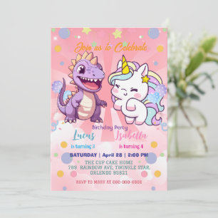 Rosa Niedliche Einhorndinosaurier Regenbogen Gebur Einladung