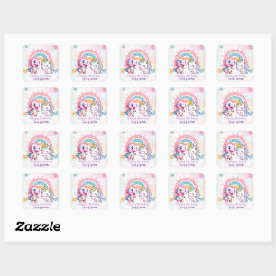 Rosa Niedliche Einhorndinosaurier Regenbogen Gebur Quadratischer Aufkleber