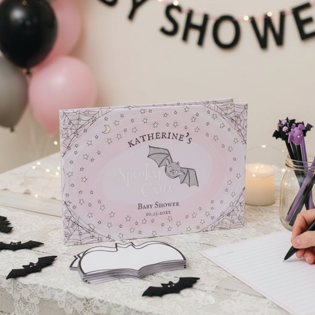 Rosa Niedliche Fledermäuse Halloween Kinderdusche Gästebuch (Pink Spooky Cute Halloween Baby Shower Guest Book 4 Mother to Be. Fall Baby Shower Keepsake for Her)