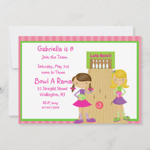 Rosa, niedliche, gestreifte Mädchen-Bowlings-Party Einladung