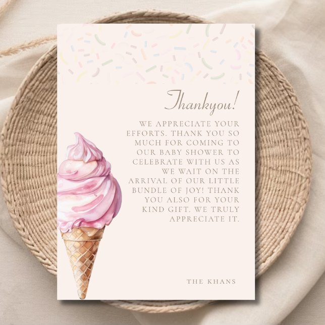 Rosa Niedliche Minimal Wasserfarbe Eiscreme Kinder Dankeskarte (Von Creator hochgeladen)