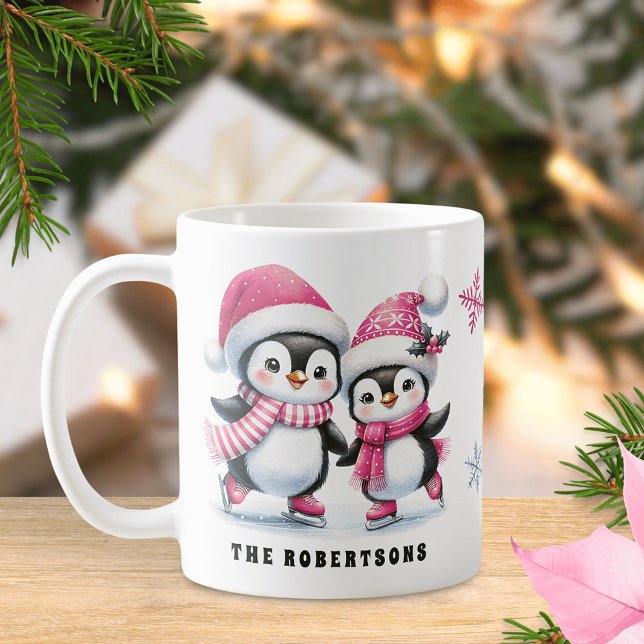 Rosa Niedliche Pinguine Ice Skaten Weihnachten Kaffeetasse (Von Creator hochgeladen)