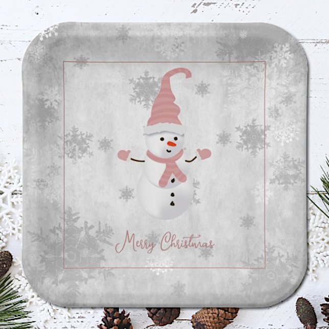 Rosa Niedliche Schneemann-Papierplatte Pappteller (Pink Cute Snowman Christmas Paper Plates)