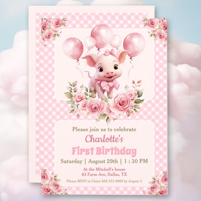 Rosa Niedliche Schweinefarm Mädchen 1. Geburtstag  Einladung (Cute little piglet in pink 1st Birthday party invitation for a girl)