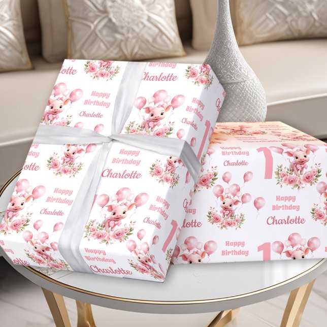 Rosa Niedliche Schweinezucht Mädchen 1. Geburtstag Geschenkpapier (Pink Cute Piggy Farm Themed Girl 1st Birthday Wrapping Paper)
