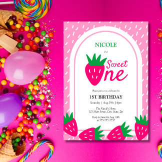 Rosa Niedliche Strawberry Girl 1. Geburtstag Einladung
