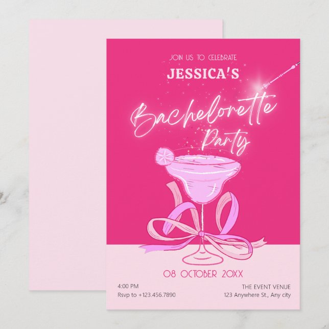 Rosa niedlicher, funkelnder Bugcocktail Junggeseli Einladung (Vorne/Hinten)